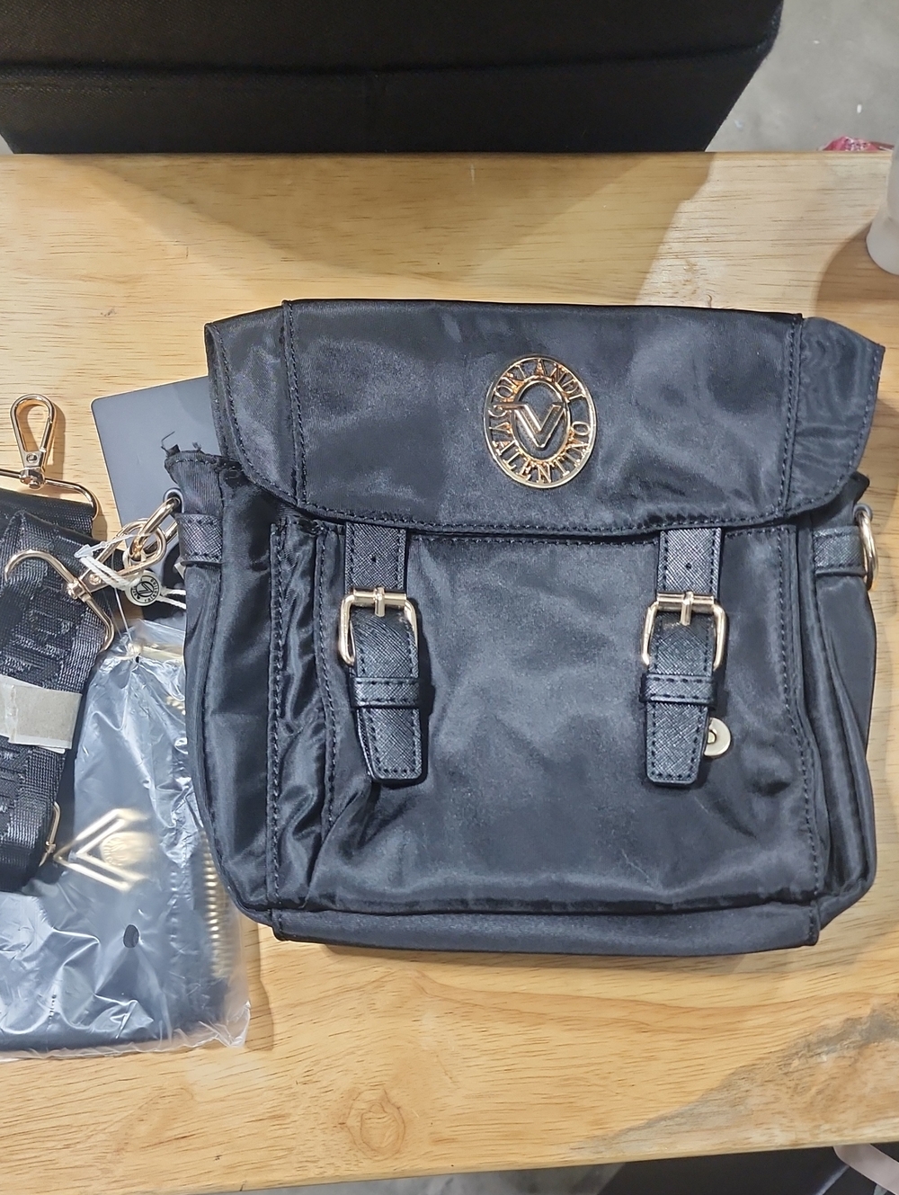 Vera Wang Black Nylon Tote with Gold Emblem